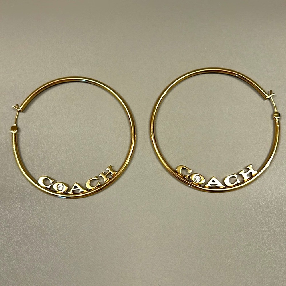 New Coach Signature Medium Large Hoop Earrings Gold with Rhinestone - Picture 8 of 10